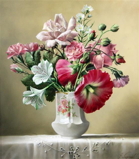 Pieter Wagemans (b.1948) Roses and hollyhocks, 15 x 13in.